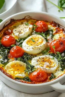 Serving of baked feta eggs with tomatoes and herbs in a baking dish.