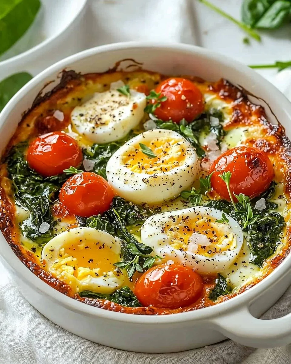 Serving of baked feta eggs with tomatoes and herbs in a baking dish.