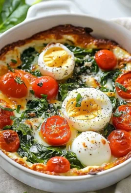 Delicious baked feta eggs with tomatoes and spinach on a plate
