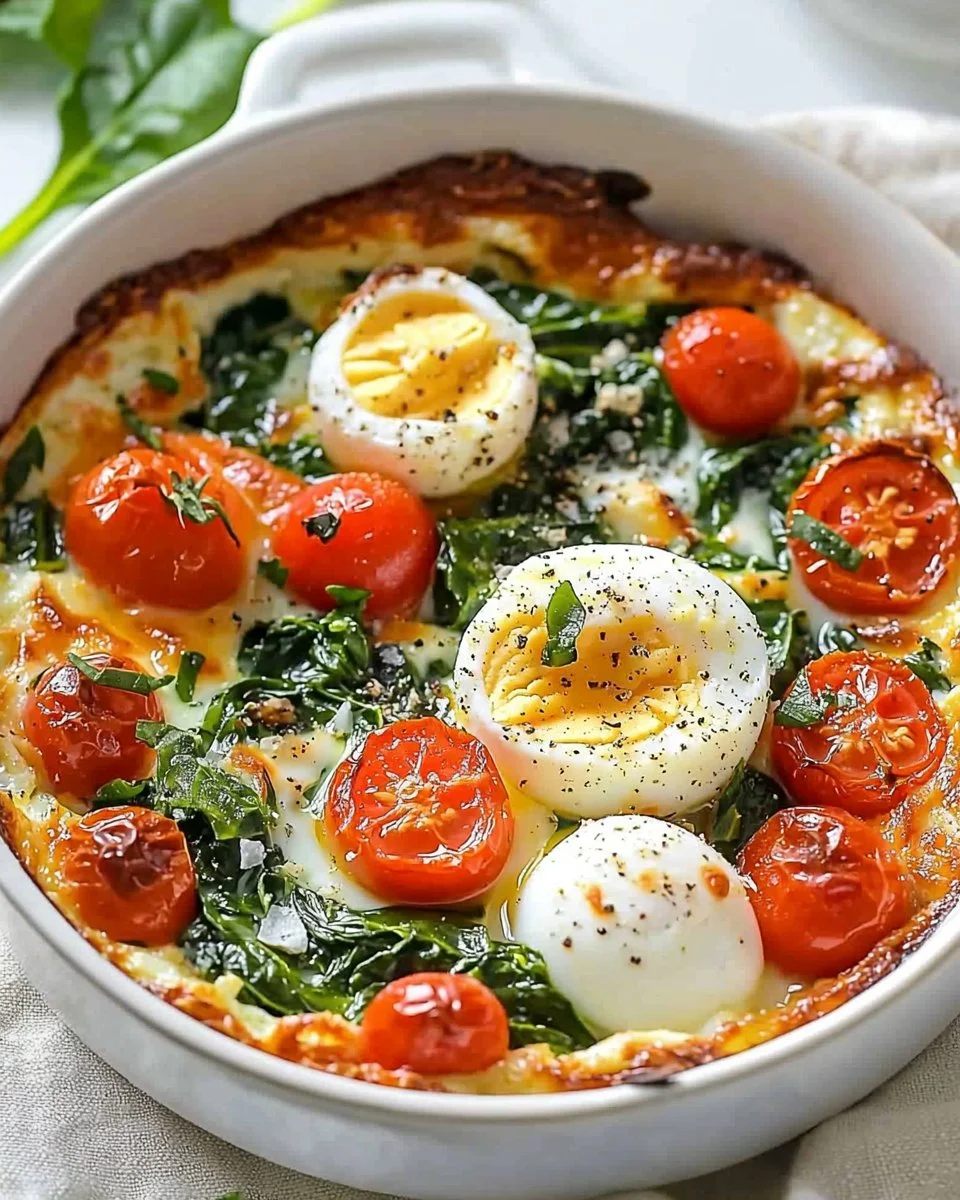 Delicious baked feta eggs with tomatoes and spinach on a plate