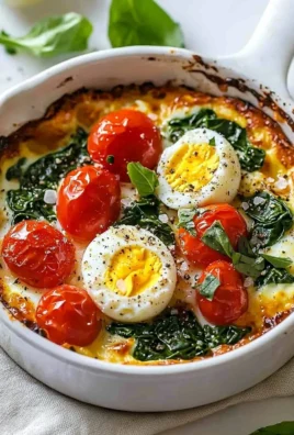 Baked feta eggs with tomatoes and spinach served in a vibrant dish.