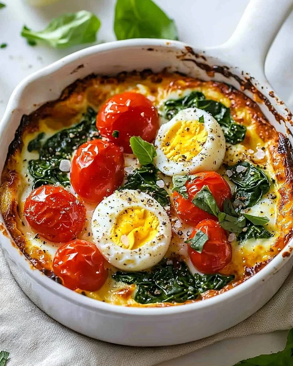 Baked feta eggs with tomatoes and spinach served in a vibrant dish.