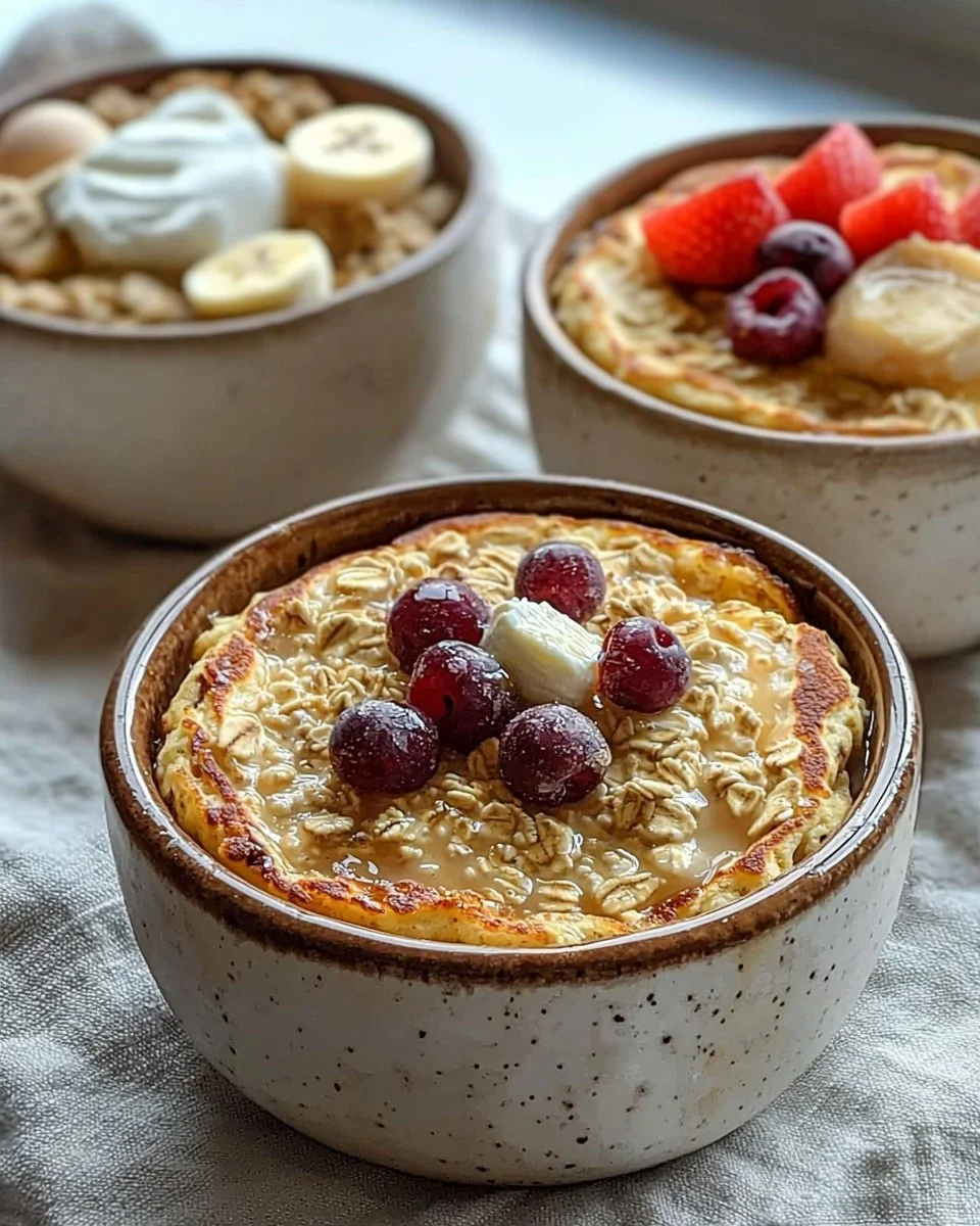 Baked protein pancake bowls topped with fresh fruits and nuts