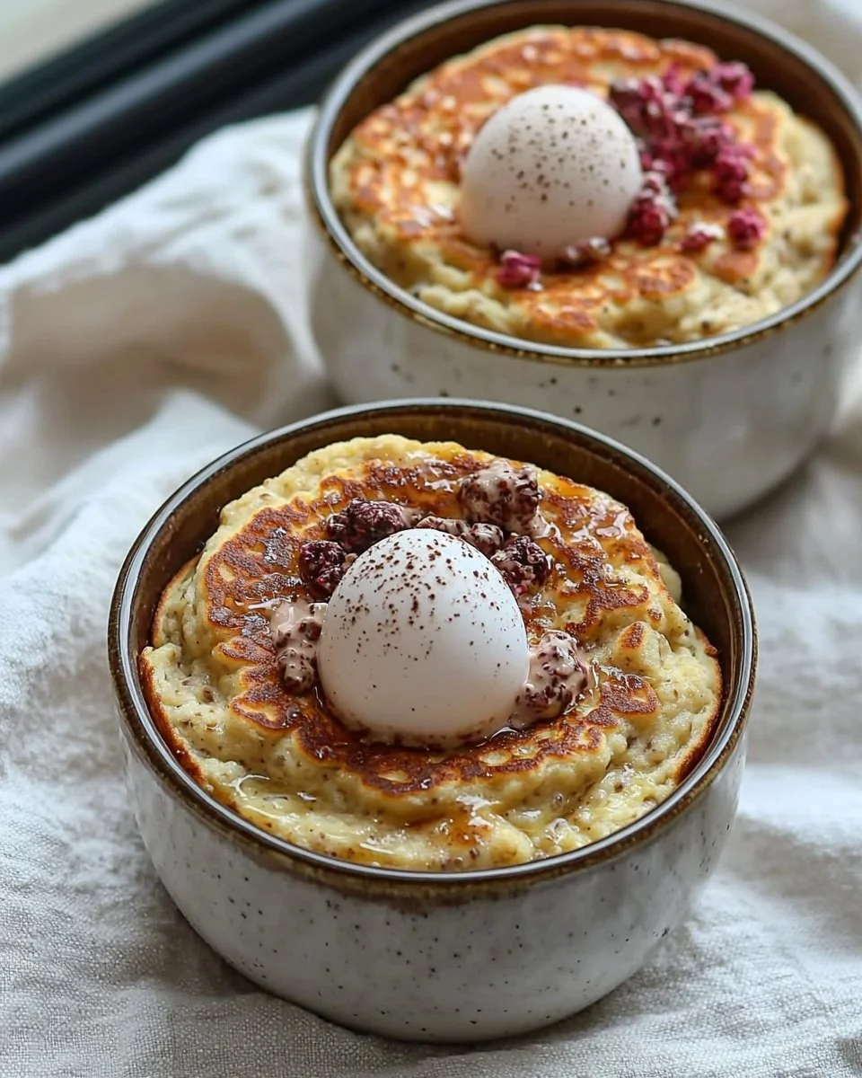 Delicious baked protein pancake bowls topped with fresh fruits and nuts