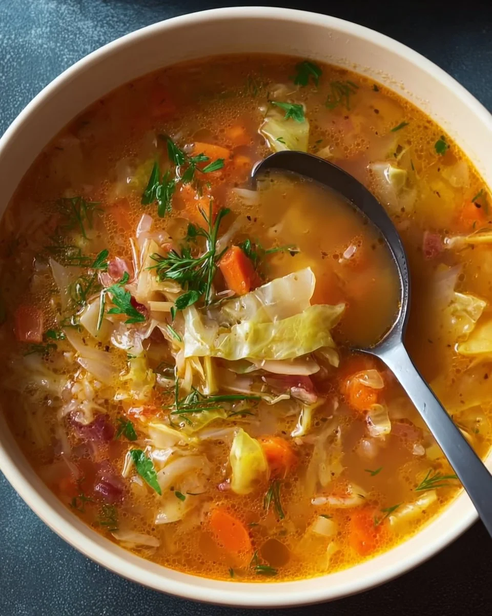 Bowl of delicious homemade cabbage soup garnished with herbs