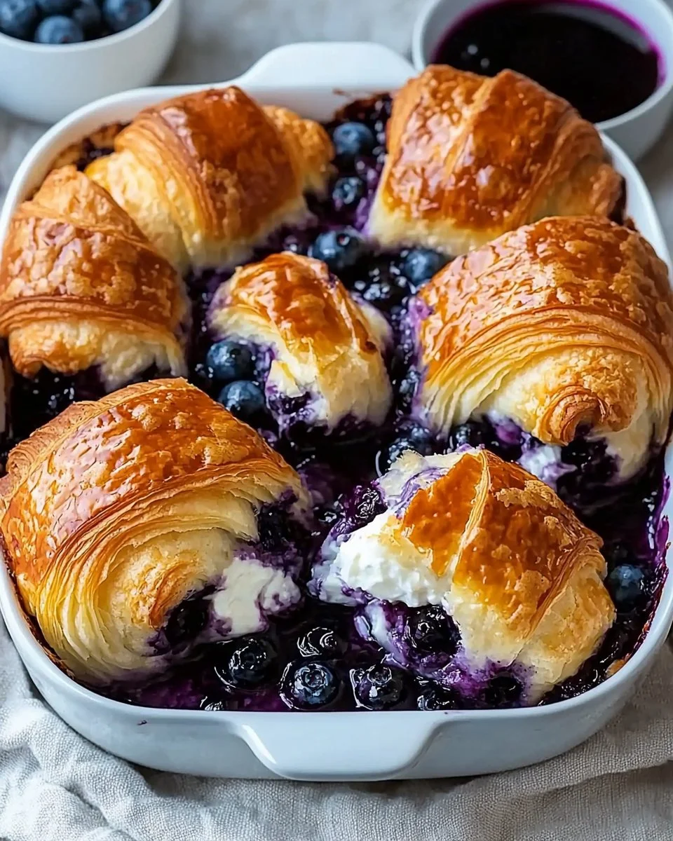 Blueberry cream cheese croissant casserole fresh out of the oven