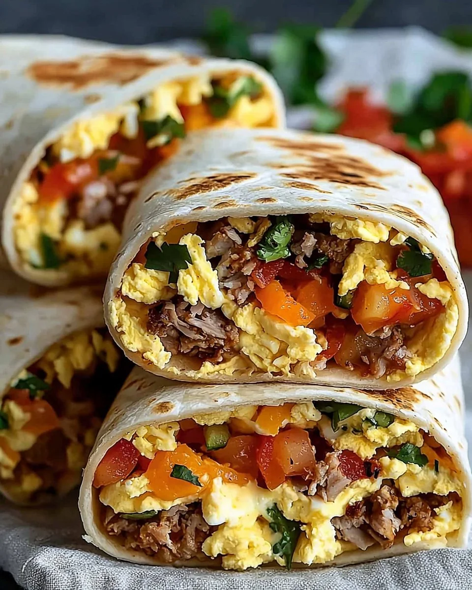 Delicious breakfast burrito filled with eggs, cheese, and fresh ingredients