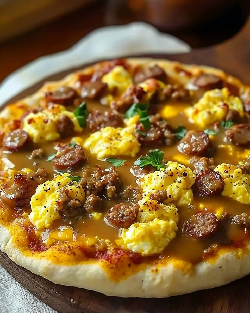 Delicious homemade breakfast pizza with eggs and cheese