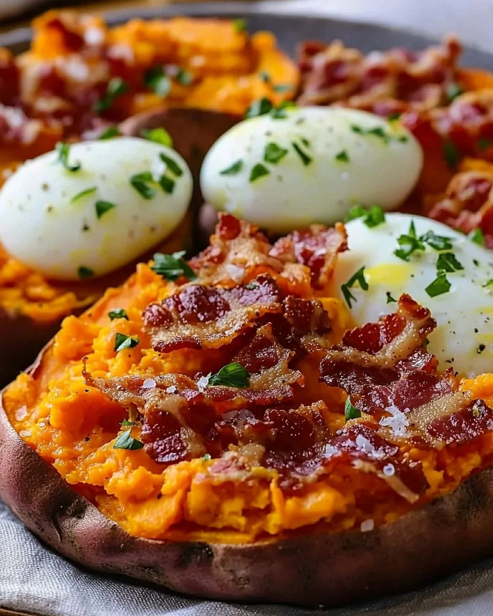 Delicious breakfast sweet potatoes served with toppings