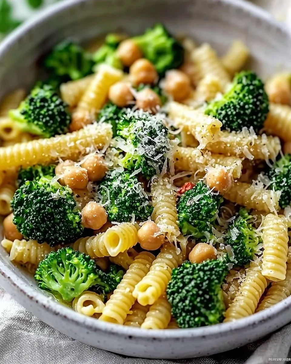 Broccoli chickpea pasta dish drizzled with garlic olive oil and garnished with herbs.