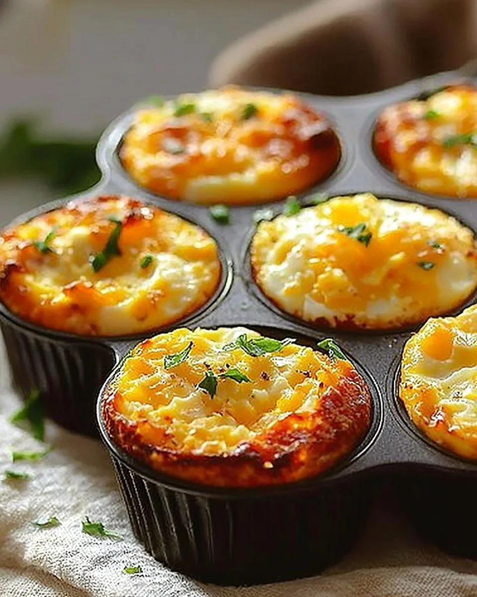 Cheesy muffin tin cottage cheese egg bites ready to serve on a plate