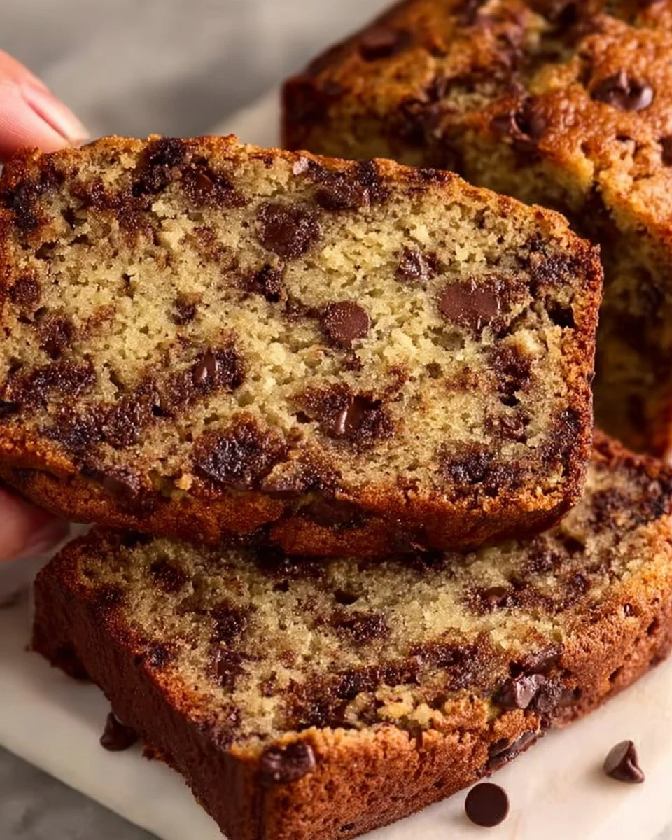 Delicious slice of chocolate chip banana bread on a wooden table