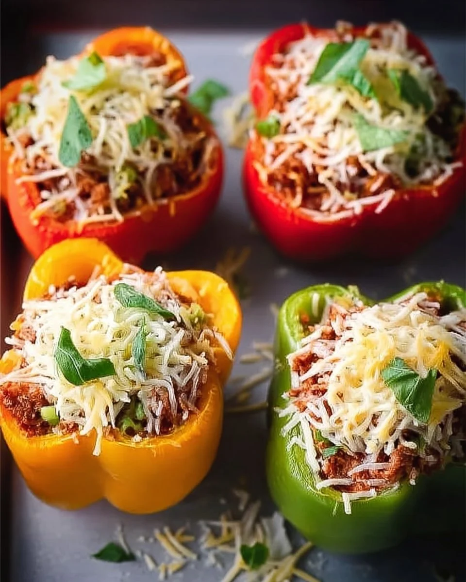 Plate of classic stuffed peppers filled with rice and ground meat