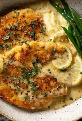 Creamy Parmesan Chicken Schnitzel served on a plate with herbs and lemon.