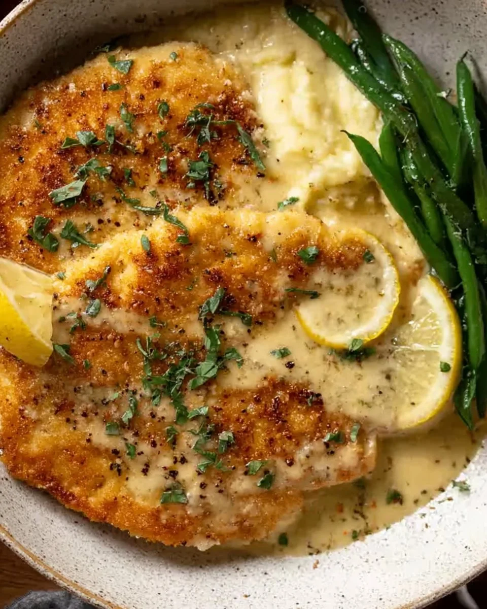 Creamy Parmesan Chicken Schnitzel served on a plate with herbs and lemon.