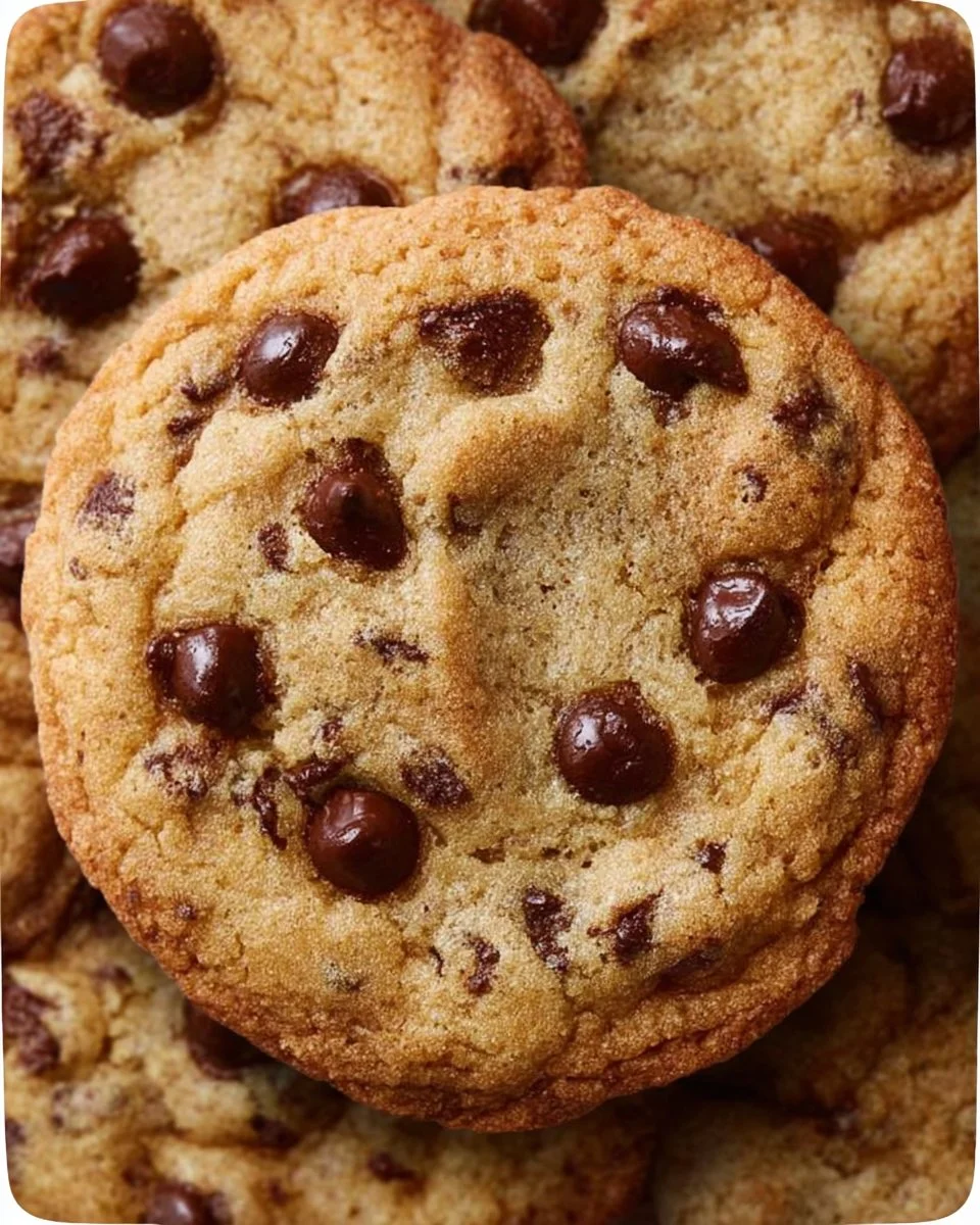 Freshly baked crispy cookies with chunks of chocolate on a cooling rack.