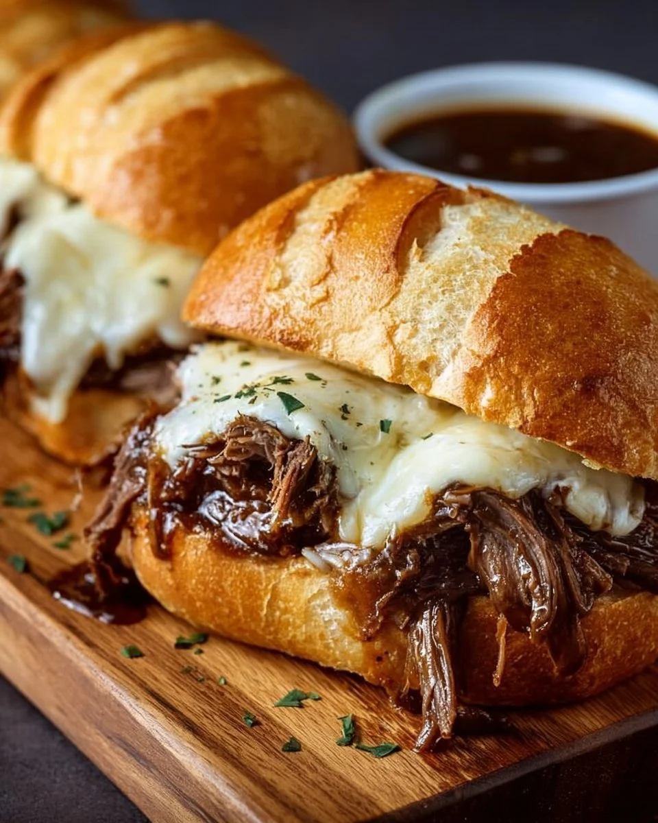 Delicious Crockpot French Dip Sandwiches served with au jus for dipping