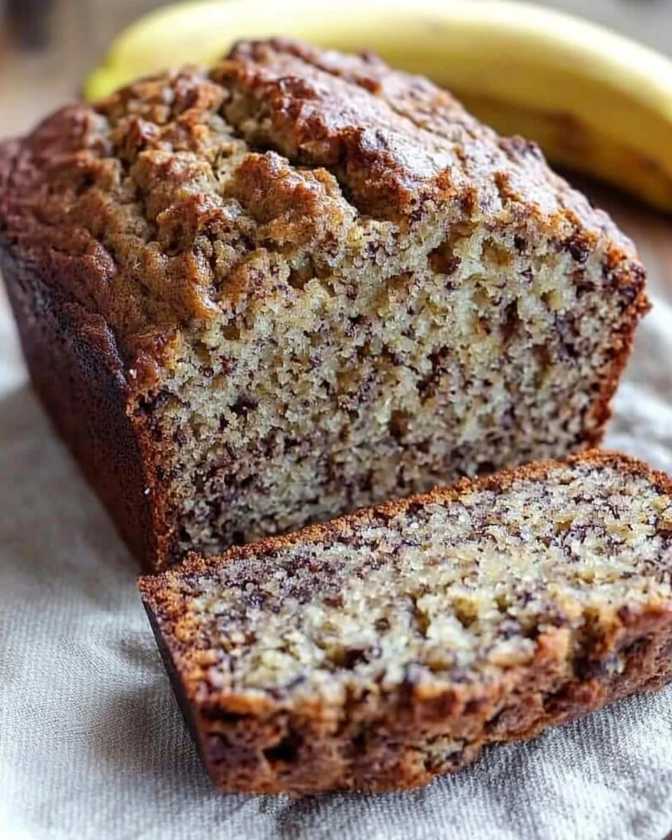 Slice of easy and healthy banana bread on a wooden cutting board
