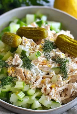 Bowl of easy dill pickle chicken salad featuring chicken, pickles, and creamy dressing