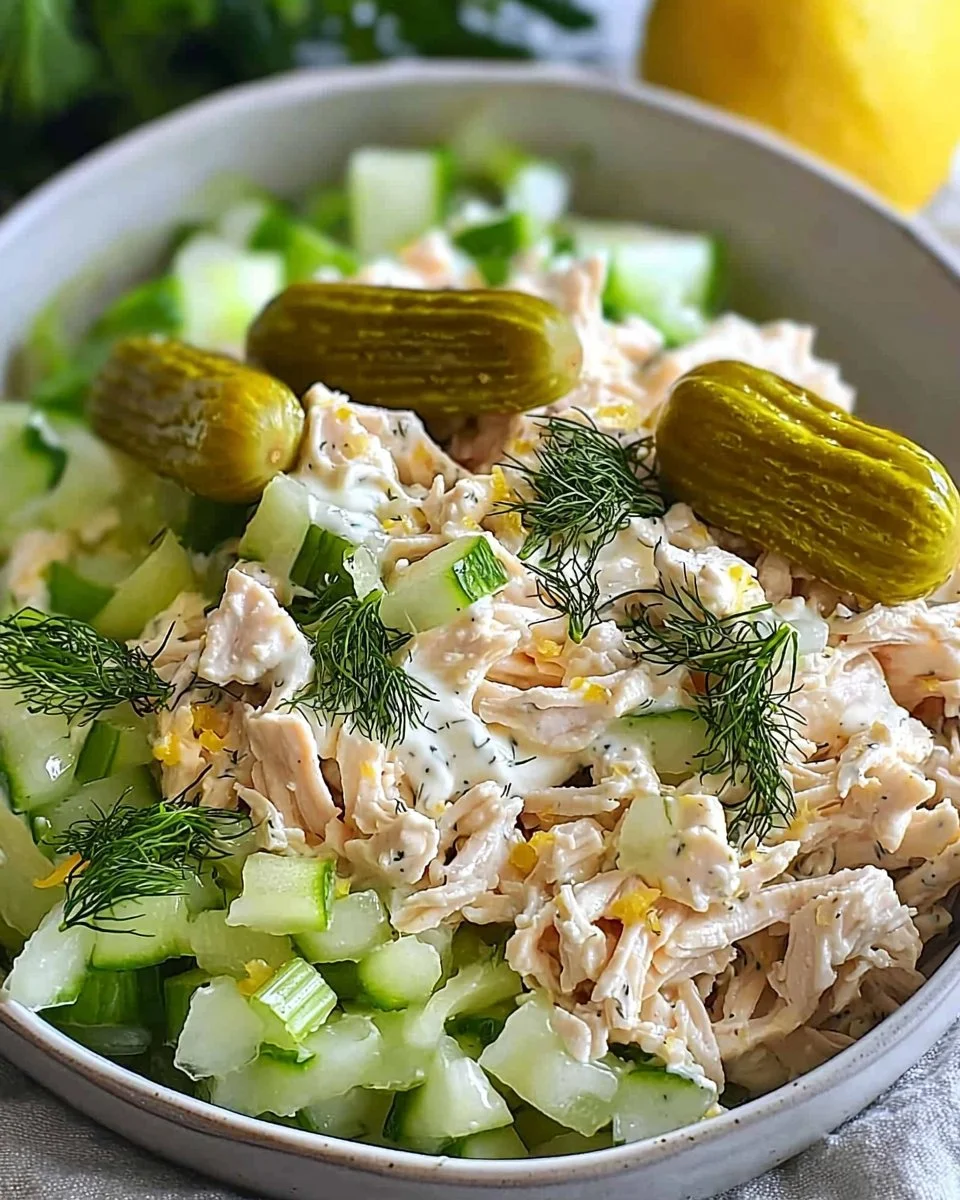 Bowl of easy dill pickle chicken salad featuring chicken, pickles, and creamy dressing