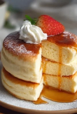 Fluffy Japanese soufflé pancakes stacked and topped with syrup and berries