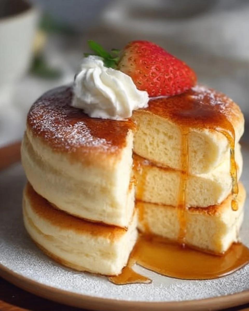 Fluffy Japanese soufflé pancakes stacked and topped with syrup and berries