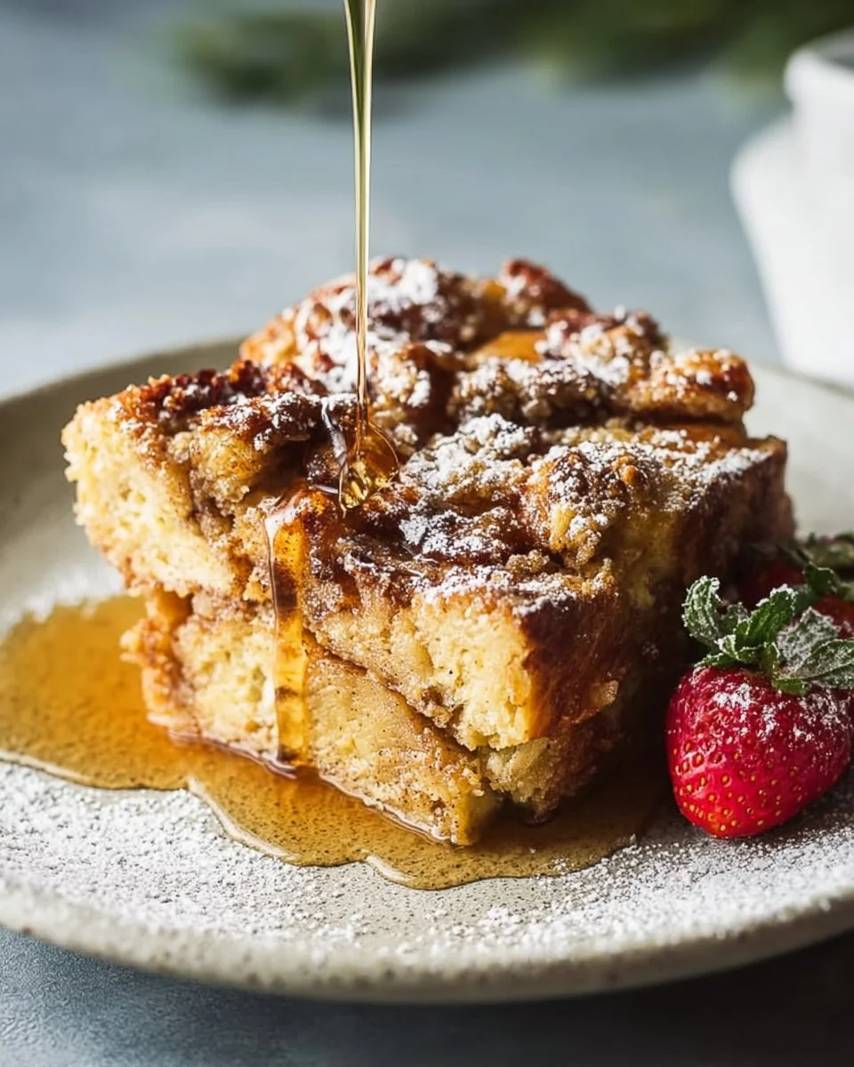 Delicious homemade French Toast Casserole topped with syrup and berries.
