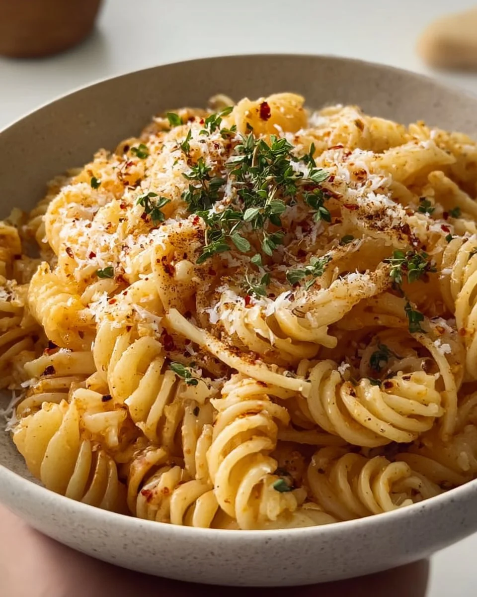 A delicious plate of Garlic Butter Pasta with herbs and grated cheese.