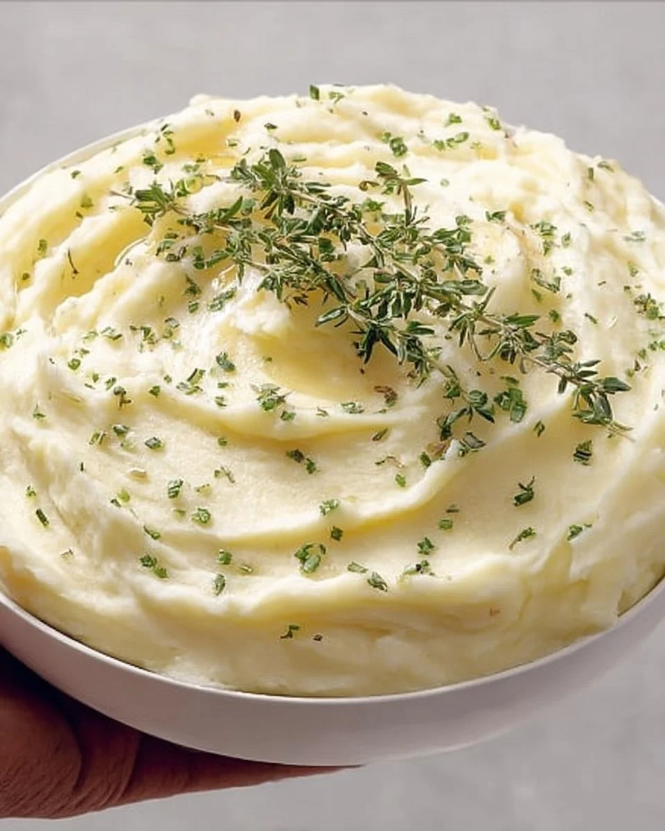 Creamy garlic mashed potatoes in a bowl, garnished with herbs.