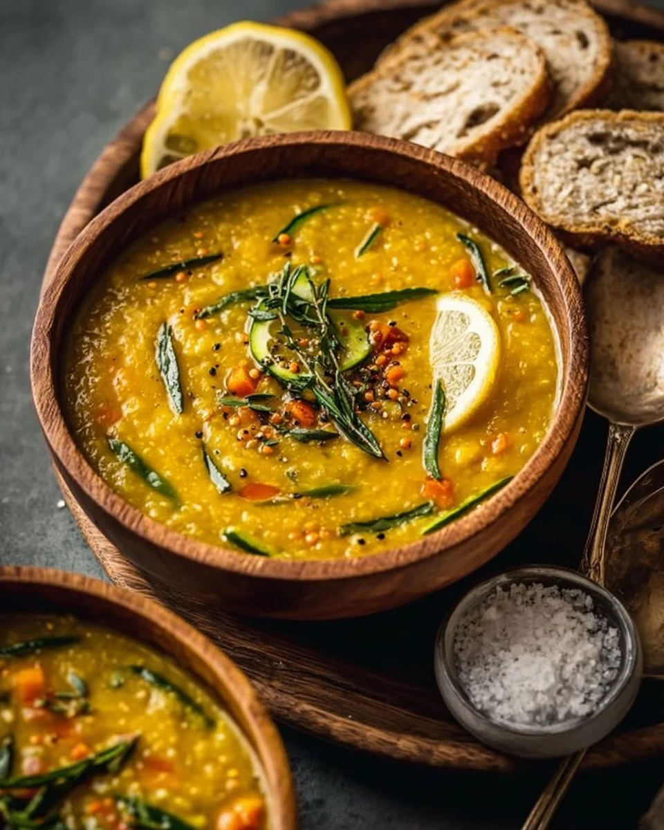 A bowl of golden lemon lentil soup garnished with herbs.