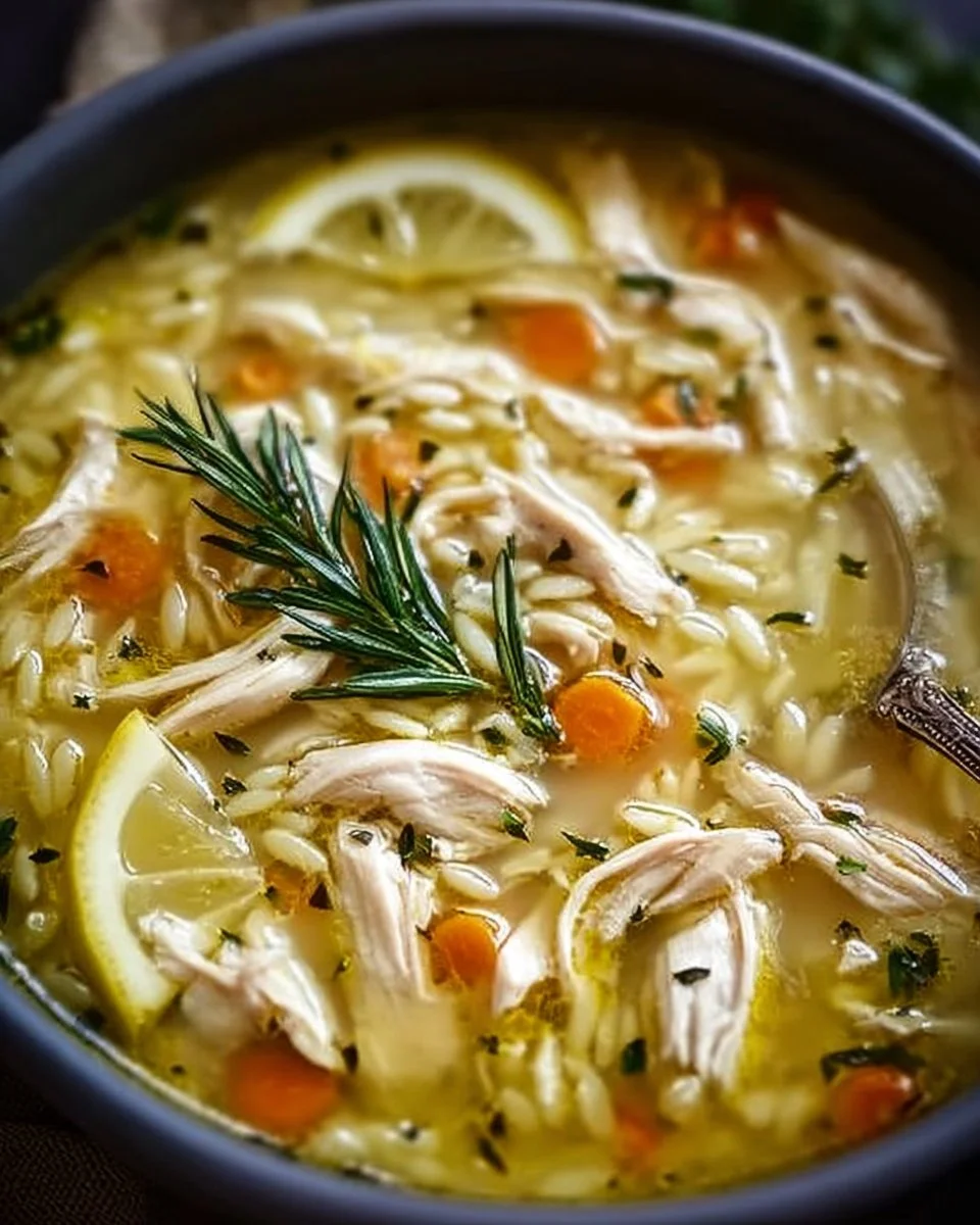 Bowl of Greek Lemon Chicken Soup garnished with fresh herbs and lemon slices.