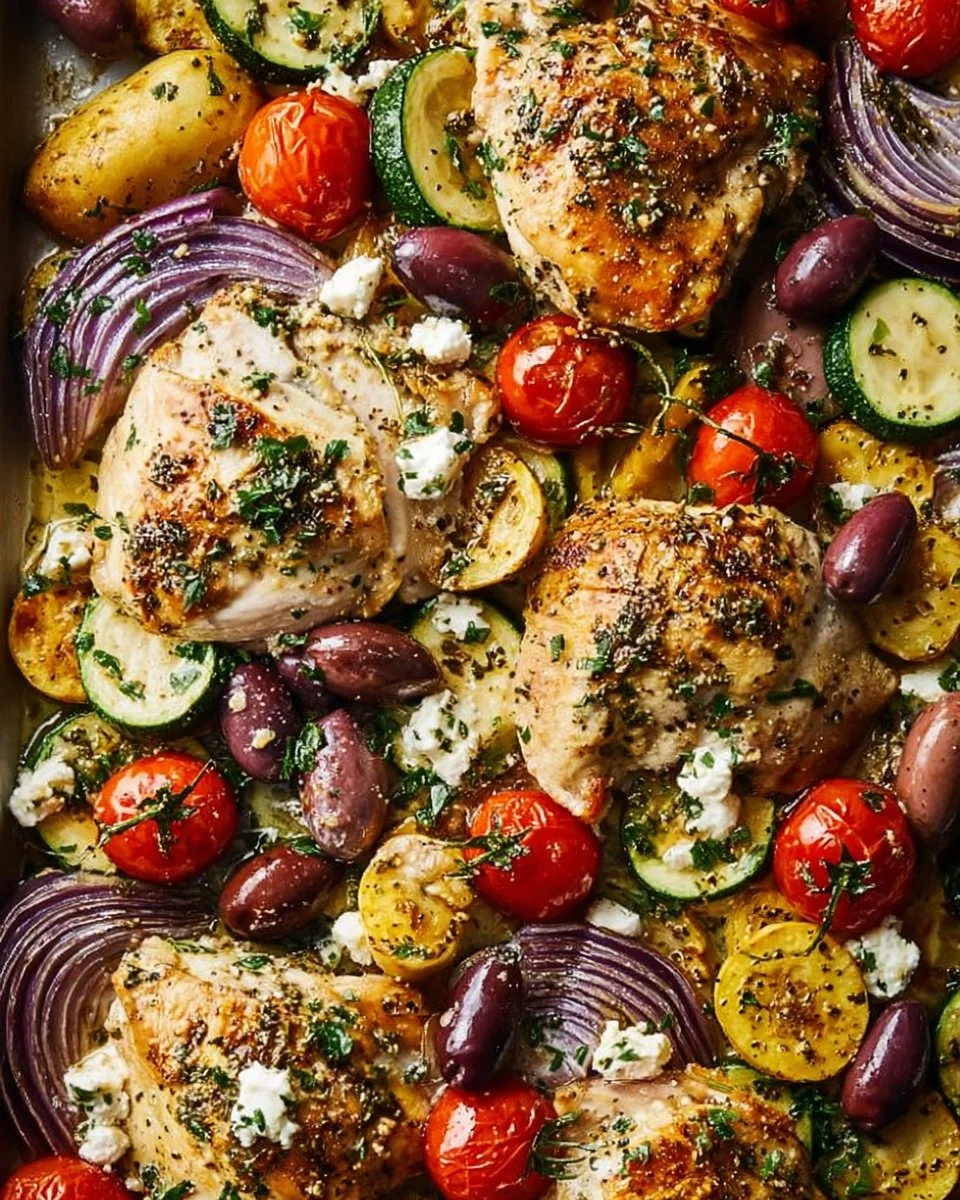 Greek sheet pan chicken with vegetables and herbs on a baking tray