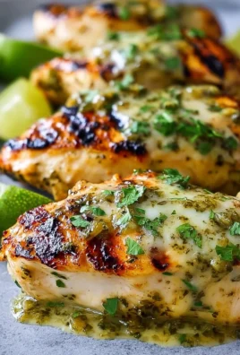 Grilled salsa verde chicken topped with pepper jack cheese on a plate.