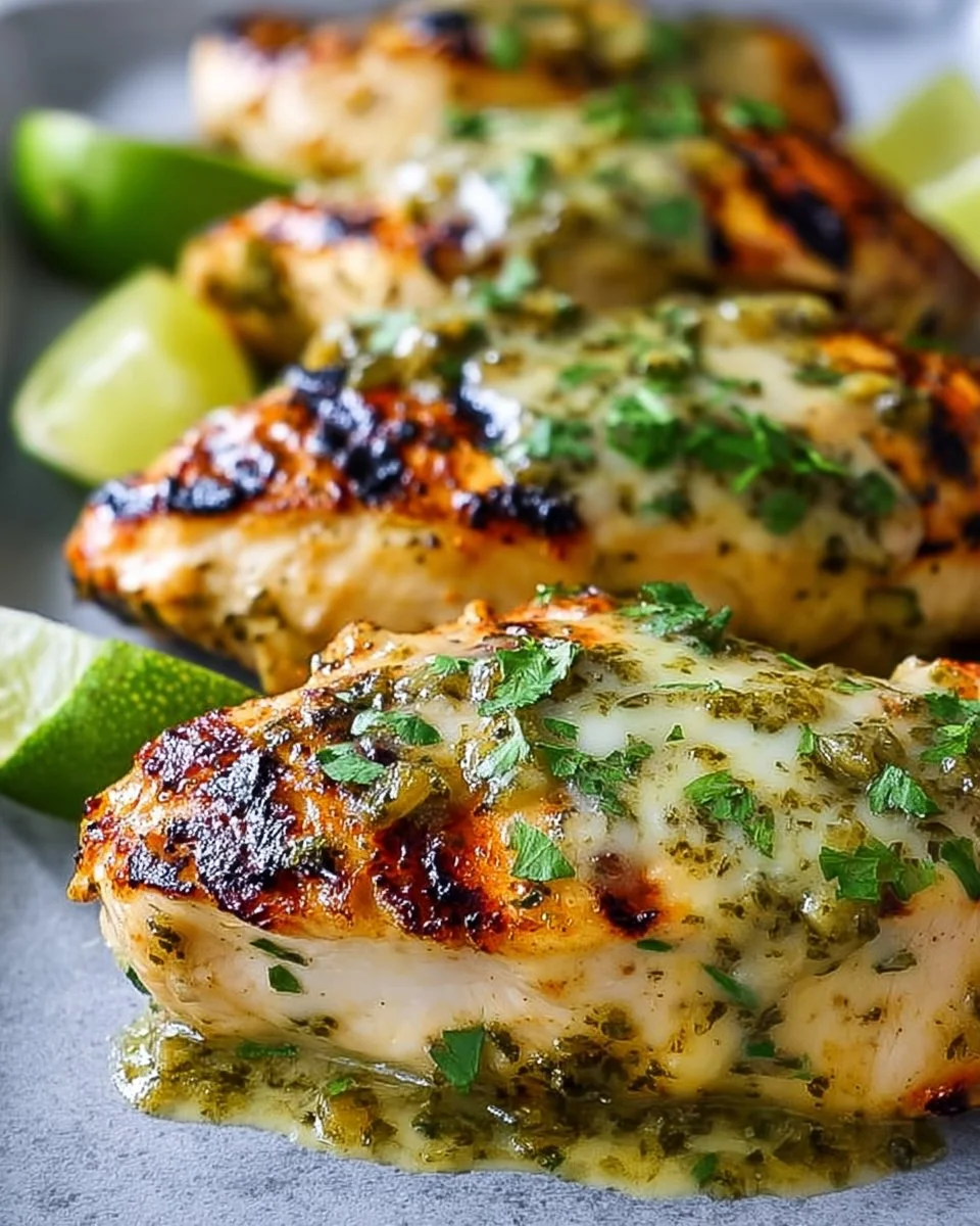 Grilled salsa verde chicken topped with pepper jack cheese on a plate.