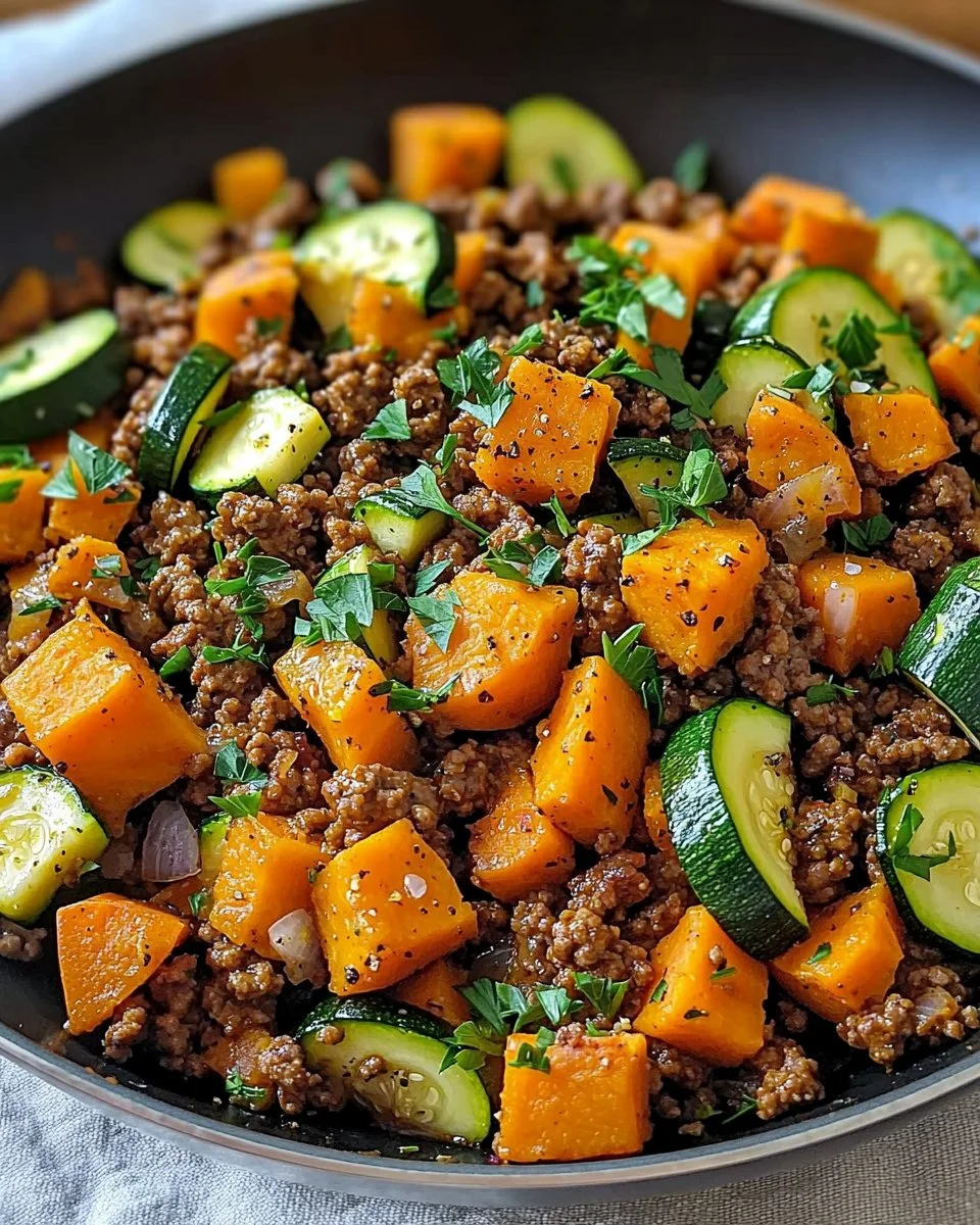 Ground beef zucchini sweet potato skillet dish on a plate