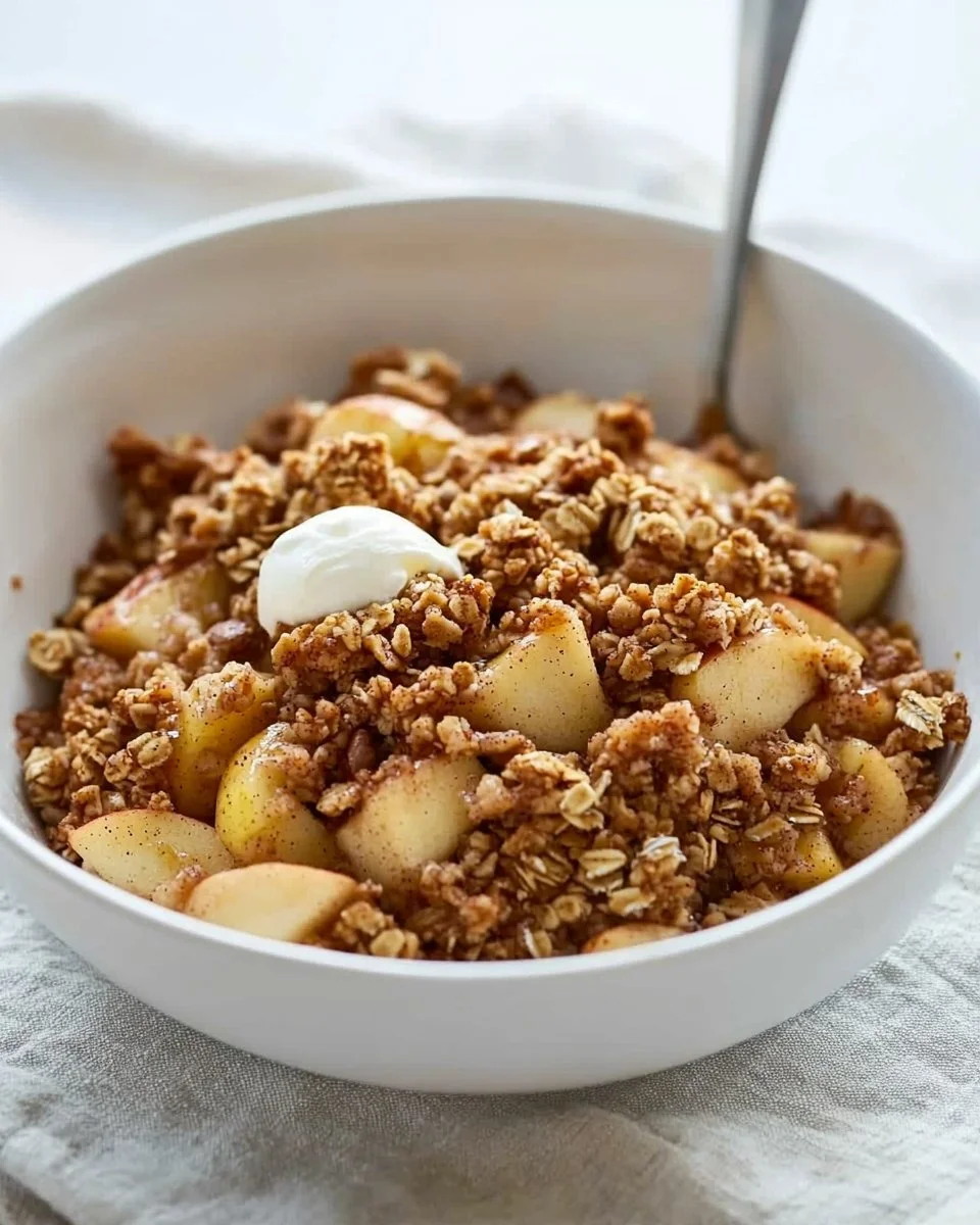 Healthy breakfast apple crumble with oats and cinnamon in a bowl