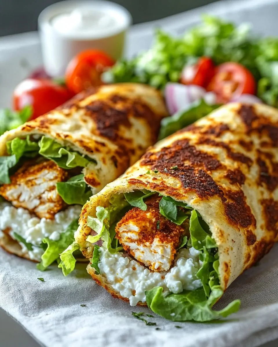 High-protein crispy cottage cheese flatbread chicken wraps ready to serve