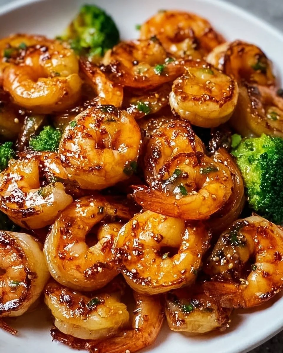 High-protein honey garlic shrimp dish garnished with herbs