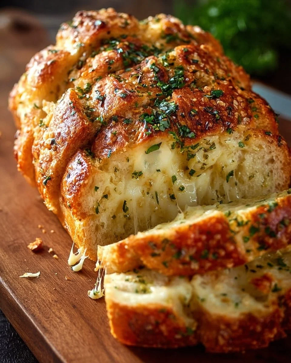 Freshly baked Italian Herb Cheese Bread with aromatic herbs and melted cheese