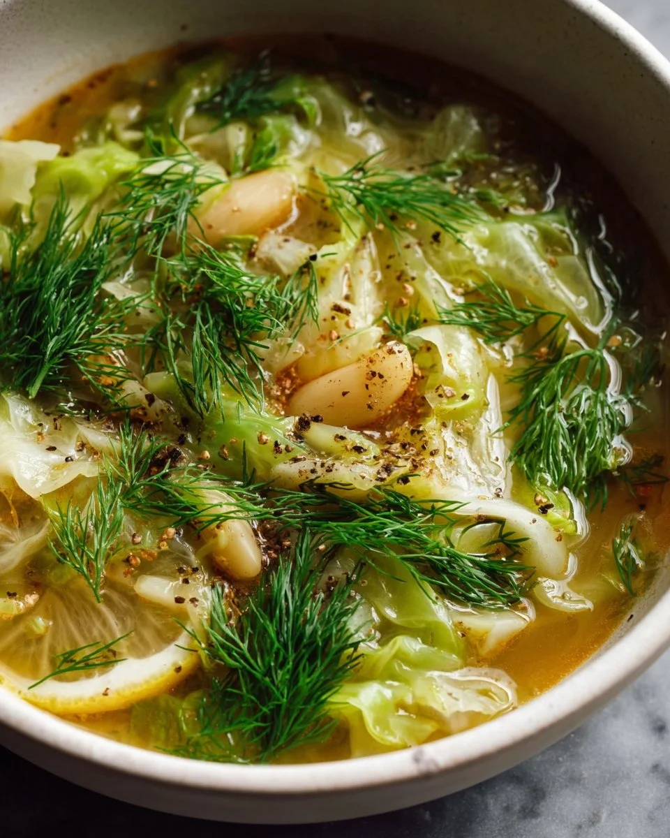 Bowl of delicious Lemon Dill Cabbage Soup garnished with fresh herbs