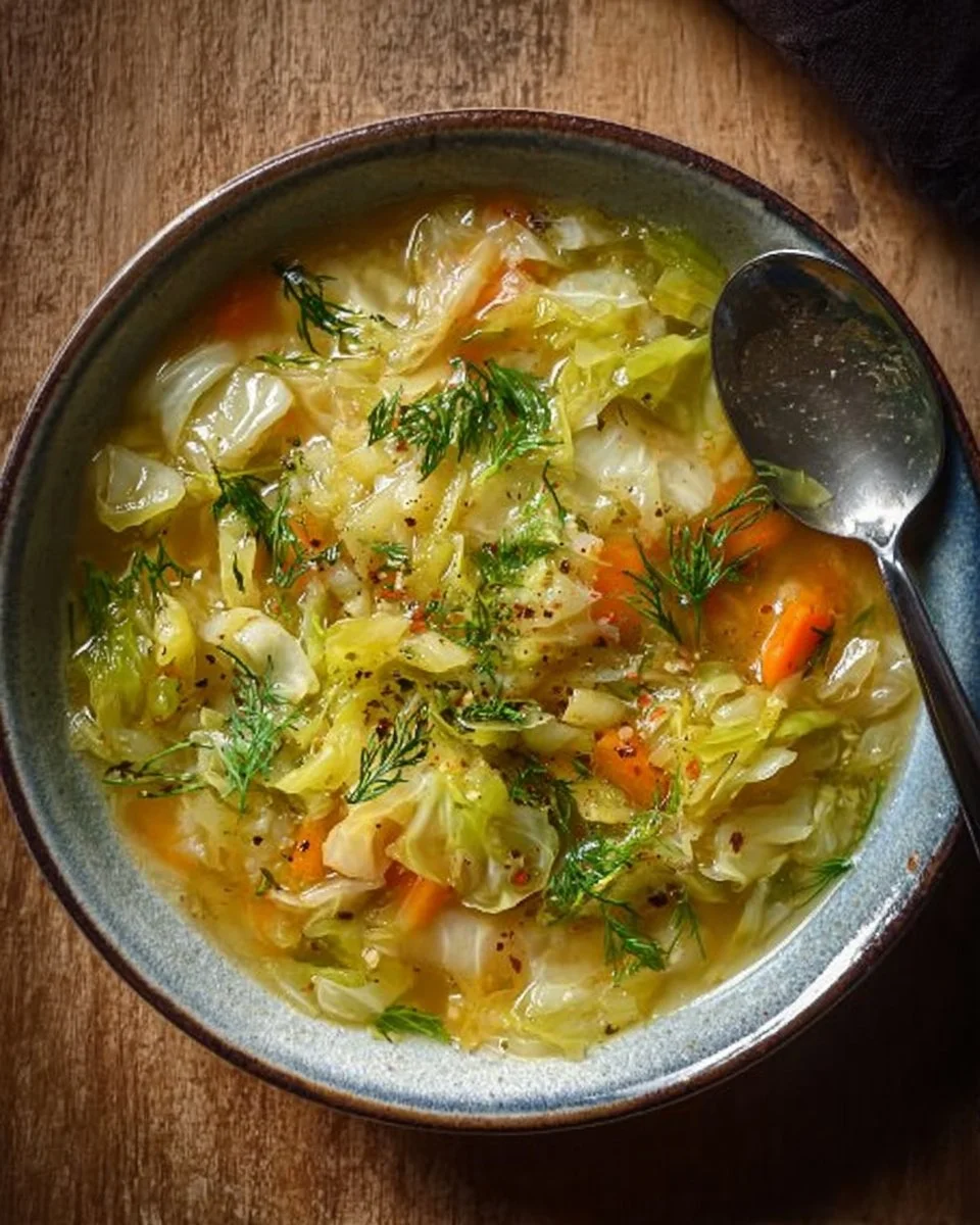 Bowl of Lemon Dill Cabbage Soup garnished with fresh dill