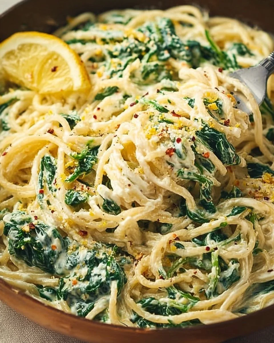 Creamy lemon ricotta pasta with fresh spinach served in a bowl.