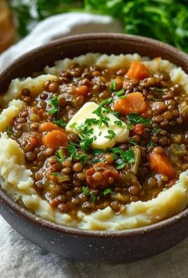 Lentil stew served over creamy mashed potatoes in a rustic bowl.
