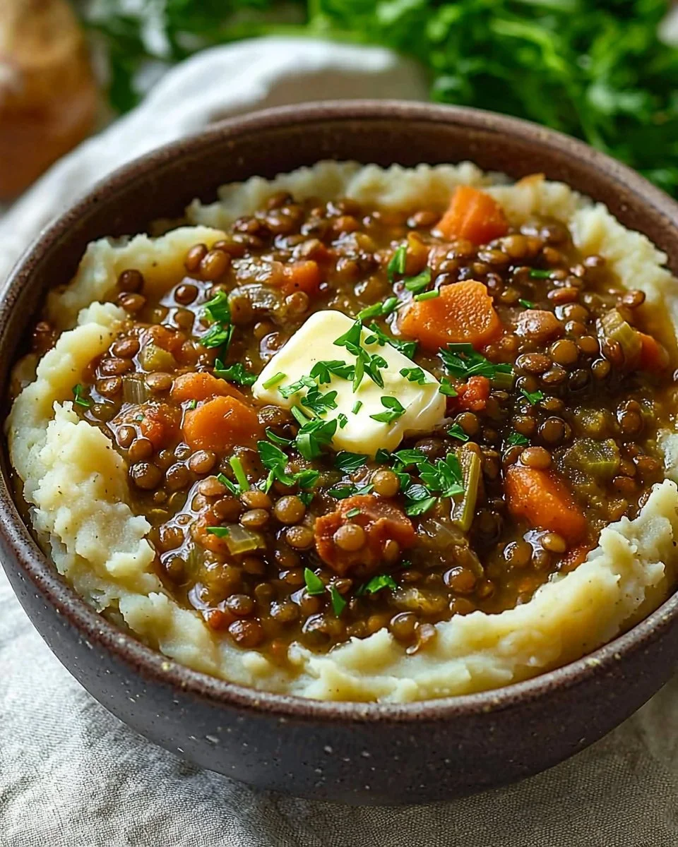 Lentil stew served over creamy mashed potatoes in a rustic bowl.