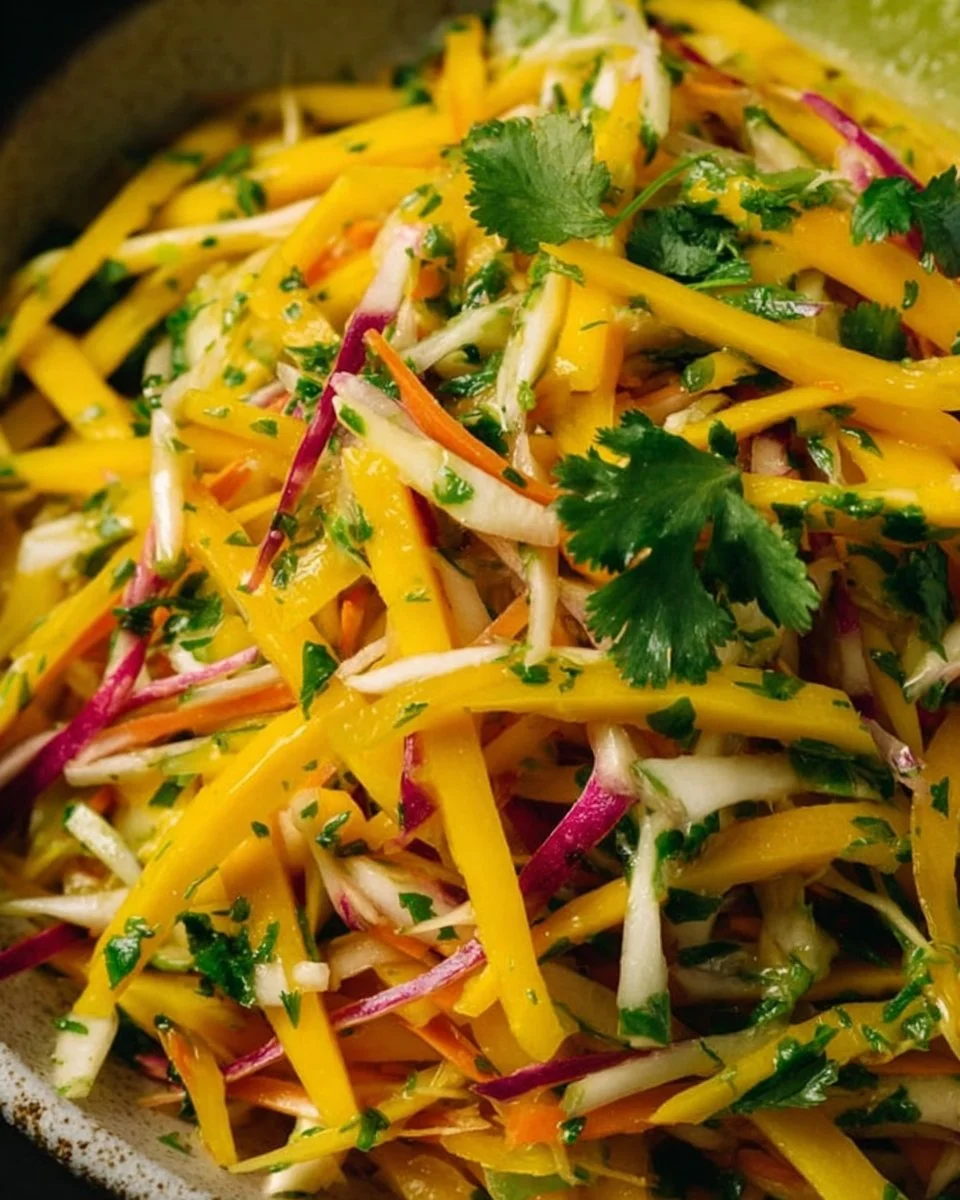 Mango Slaw with fresh mango, cabbage, and vegetables in a bowl