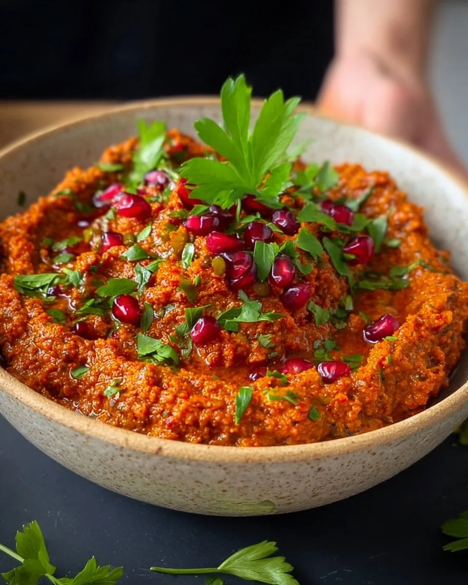 Bowl of creamy muhammara dip served with pita bread and vegetables