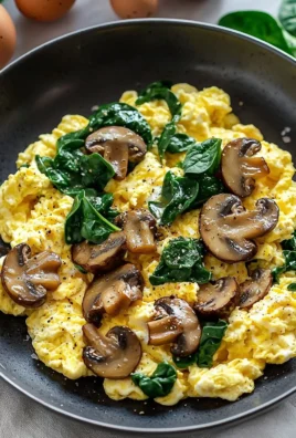 Mushroom Spinach Scrambled Eggs served on a white plate