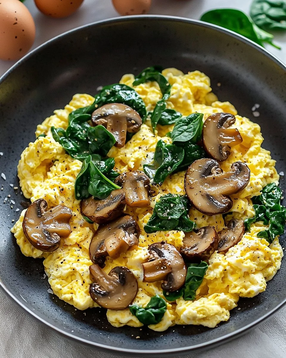 Mushroom Spinach Scrambled Eggs served on a white plate