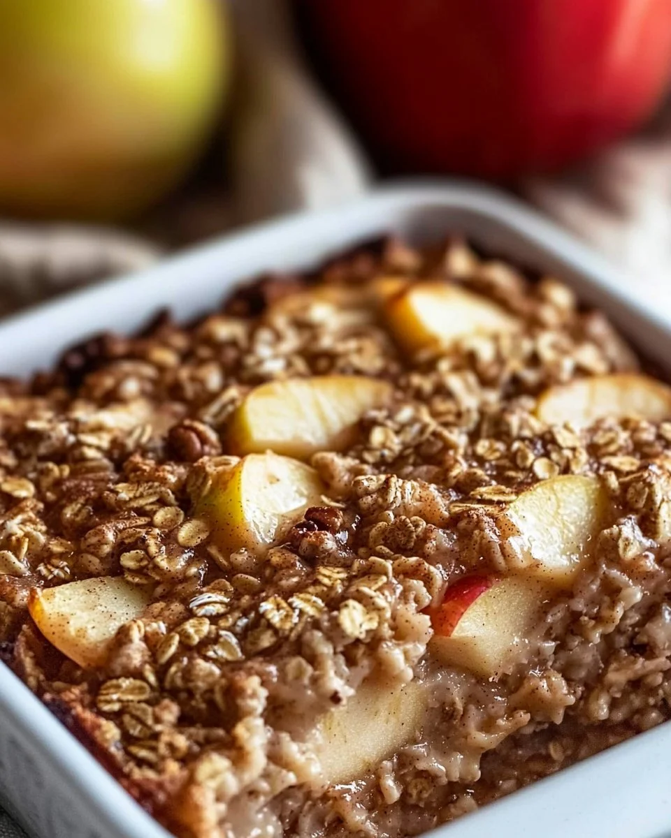 Baked oatmeal apple breakfast dish topped with fresh apples and nuts