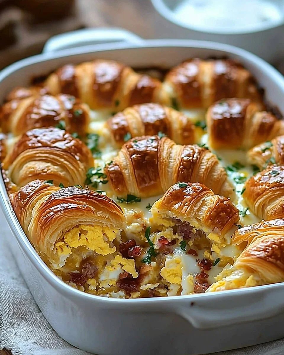Delicious overnight croissant casserole ready to bake for breakfast.